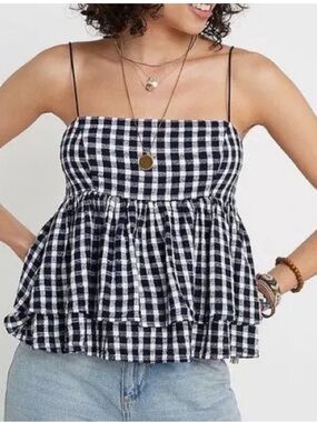 Urban Outfitters Ruffle Babydoll Gingham Spaghetti Strap Top in PINK